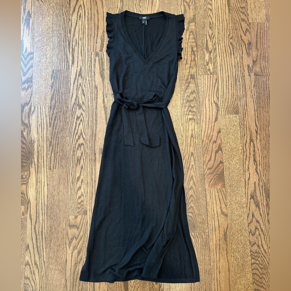 PAIGE Black V-Neck Sleeveless Belted Midi Dress
